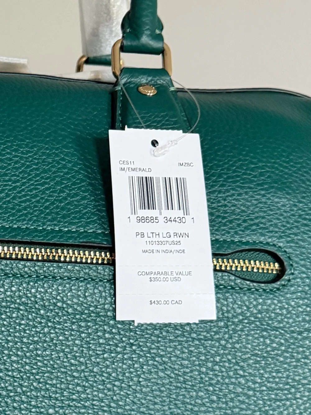 BRAND NEW Emerald Coach Rowan Pebbled Leather Gold Hardware